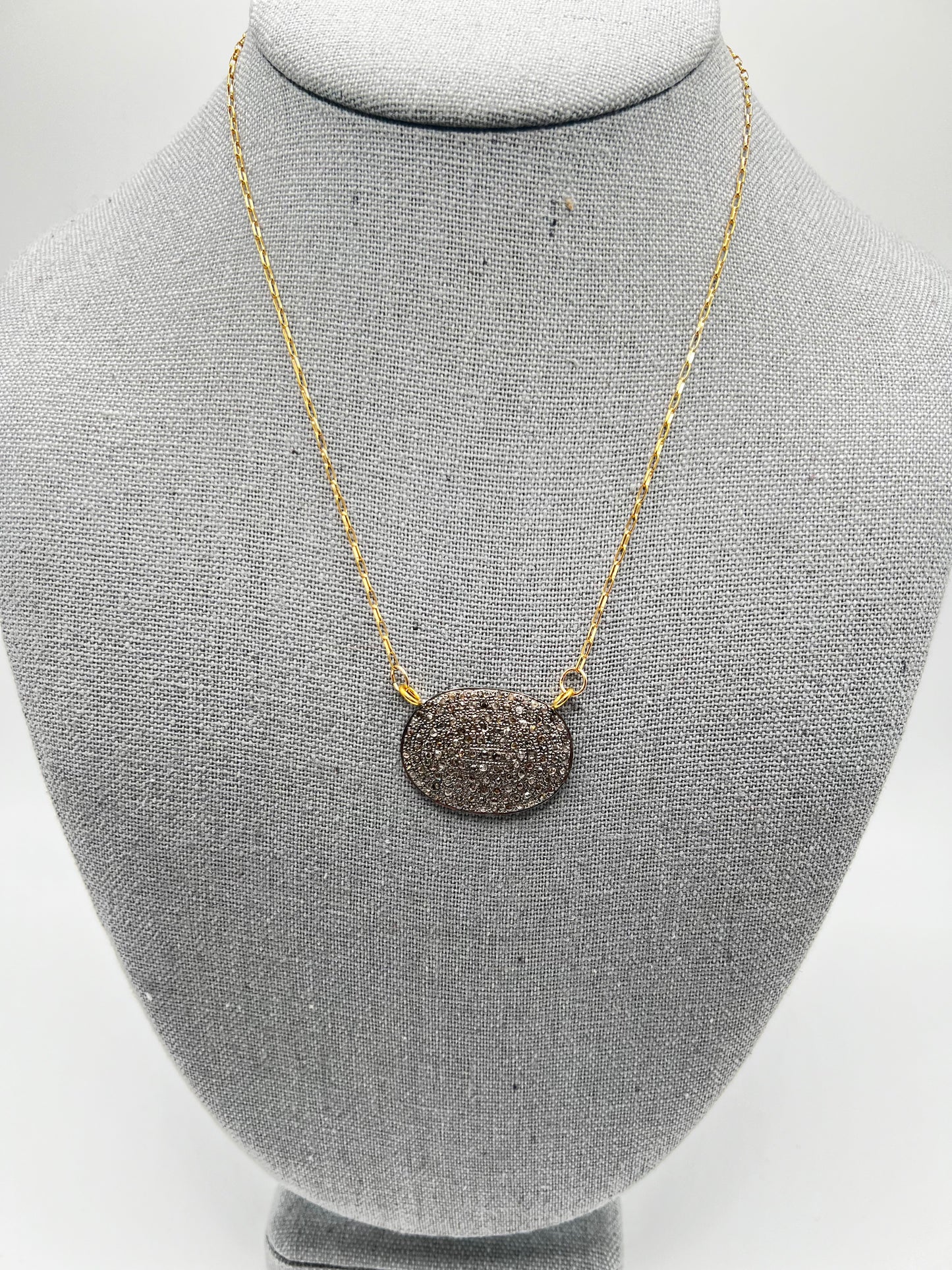 Gold Filled Tiny Paperclip Chain with Diamond Oval Pendant