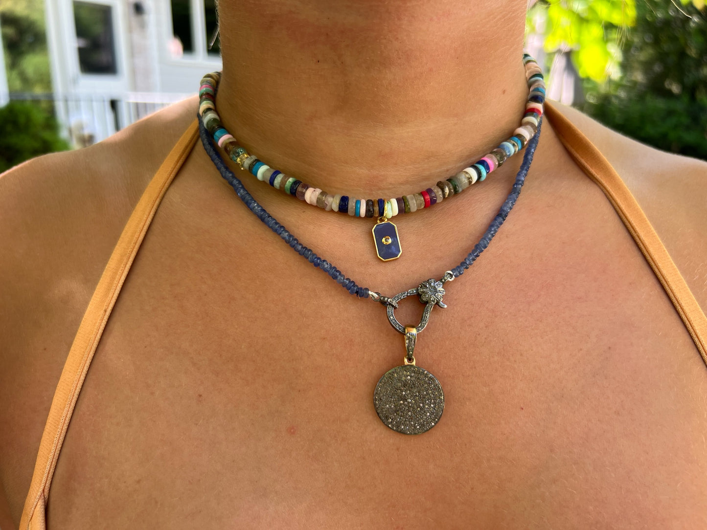 Heishi Beads with Enamel and Diamond Pendant