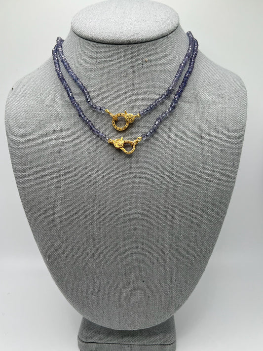 Iolite Beaded Necklace with Gold Diamond Clasp