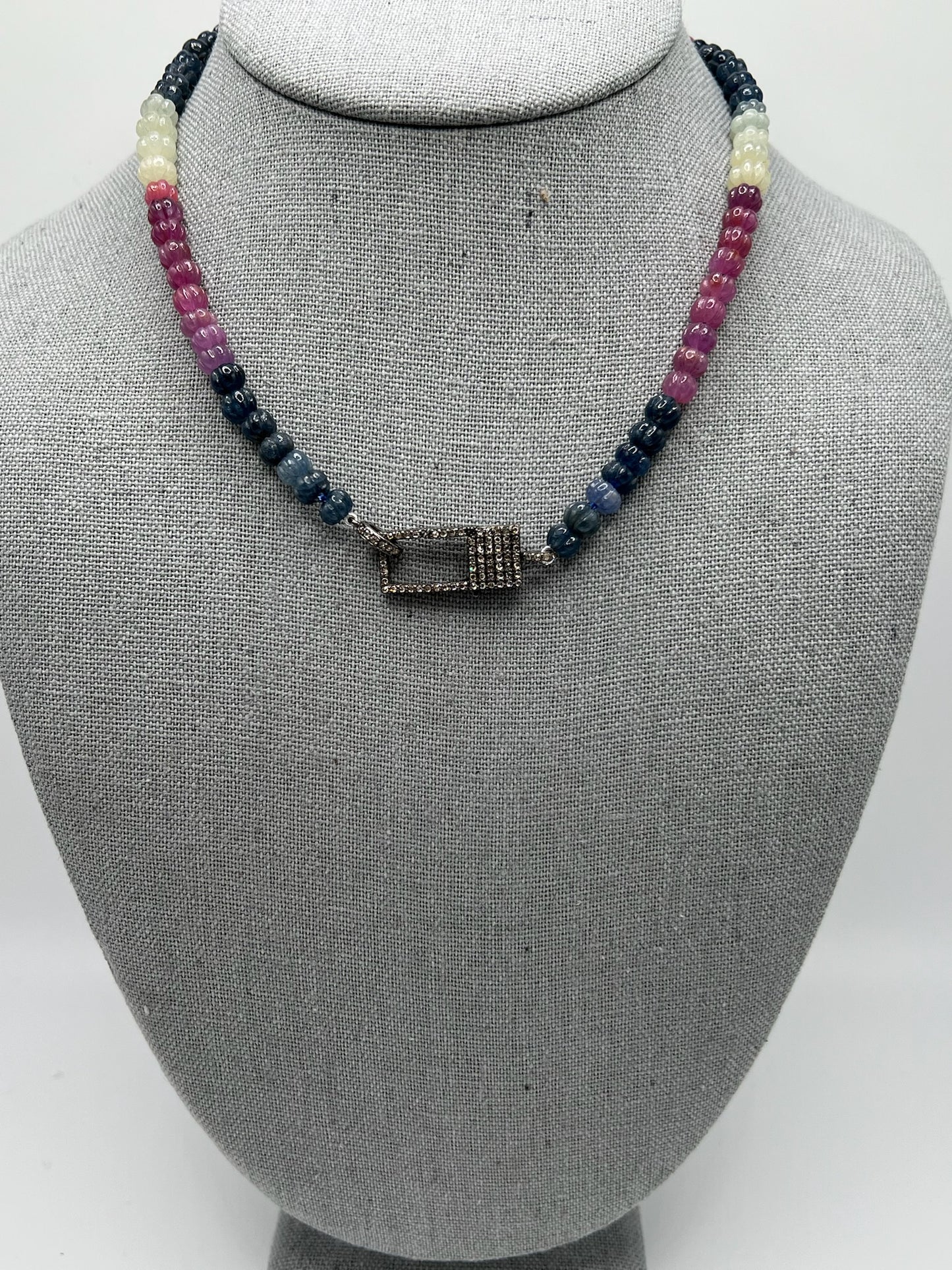 Multi-Color Sapphire Beads with Rectangle Diamond Clasp 