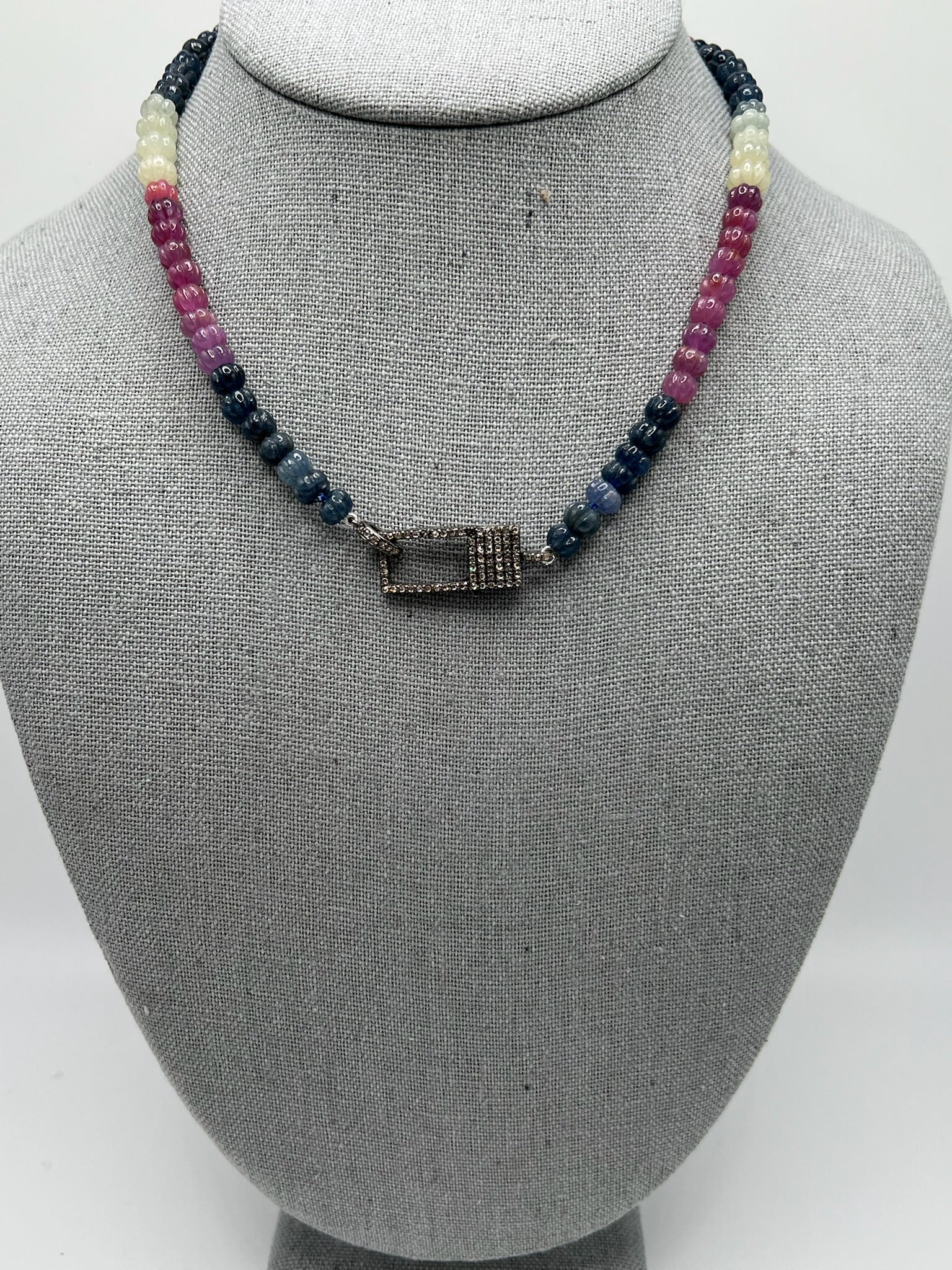 Multi-Color Sapphire Beads with Rectangle Diamond Clasp 