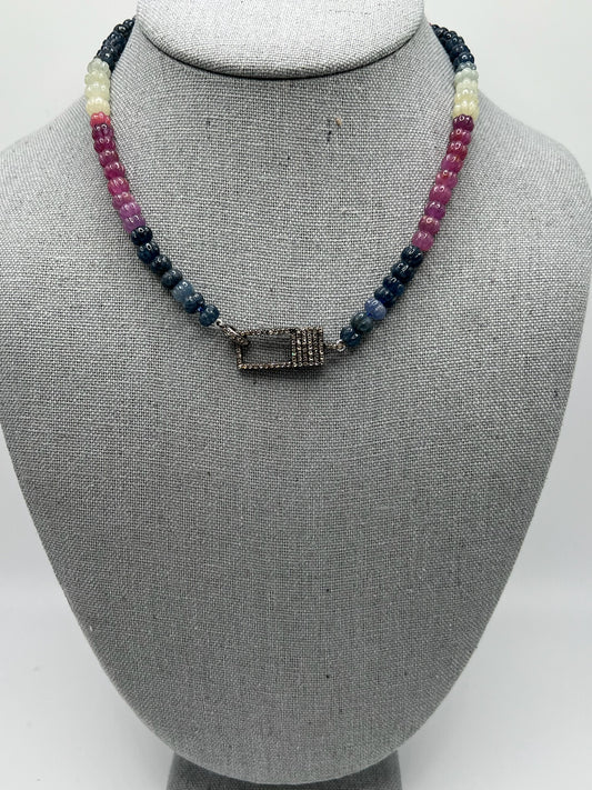 Multi-Color Sapphire Beads with Rectangle Diamond Clasp 