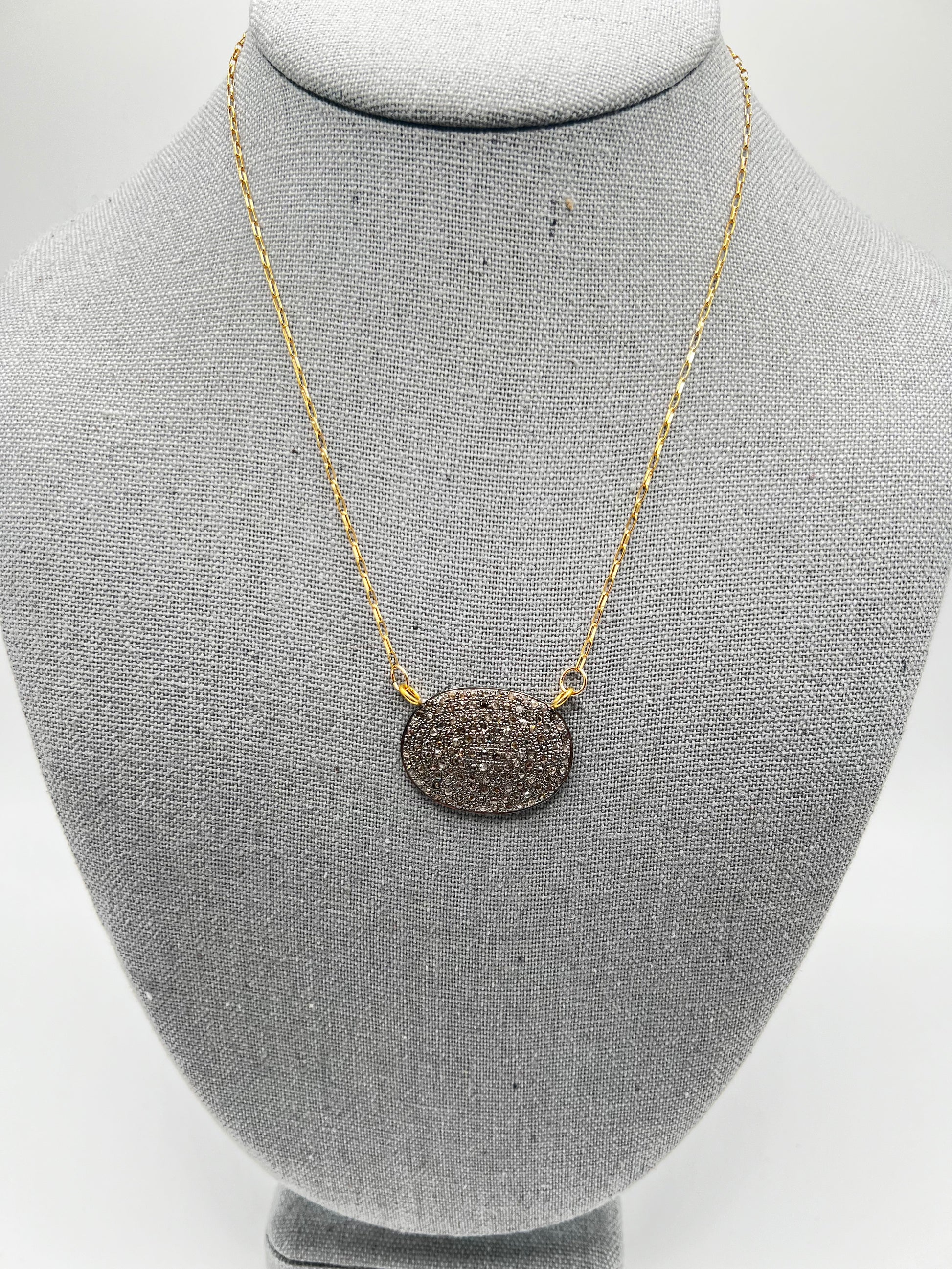 Gold Filled Tiny Paperclip Chain with Diamond Oval Pendant