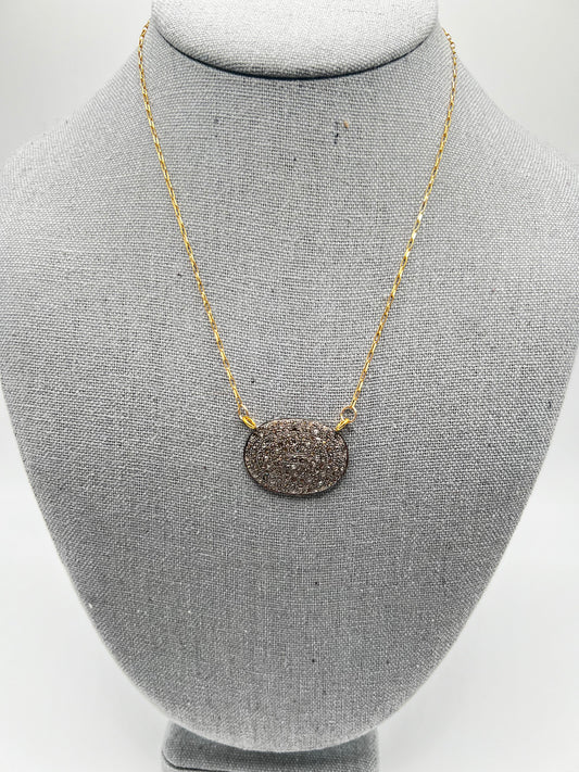 Gold Filled Tiny Paperclip Chain with Diamond Oval Pendant