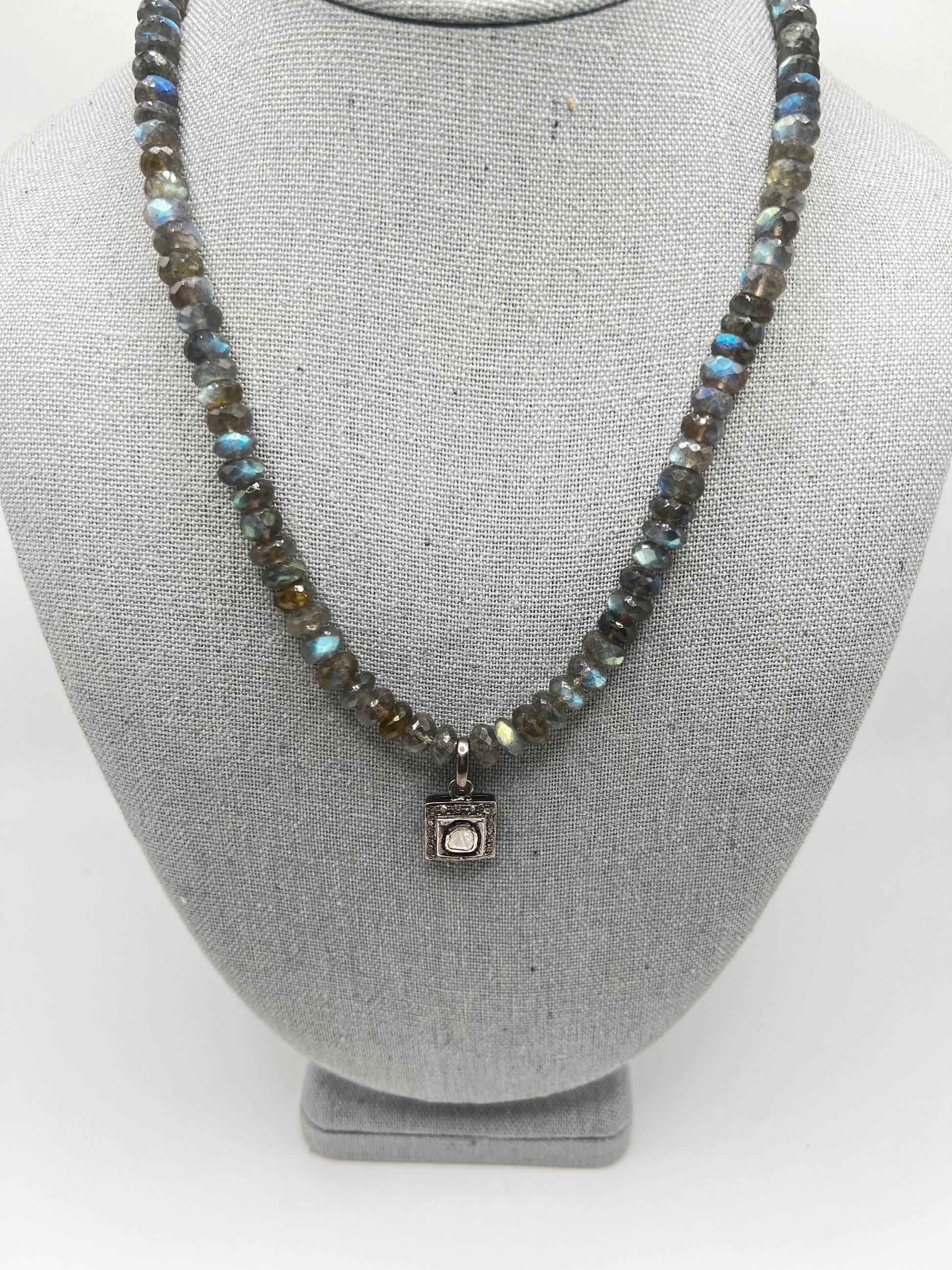 Labradorite Beaded Necklace with Raw Diamond Pendant and Raw Diamond Clasp