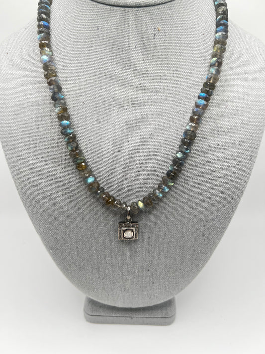Labradorite Beaded Necklace with Raw Diamond Pendant and Raw Diamond Clasp