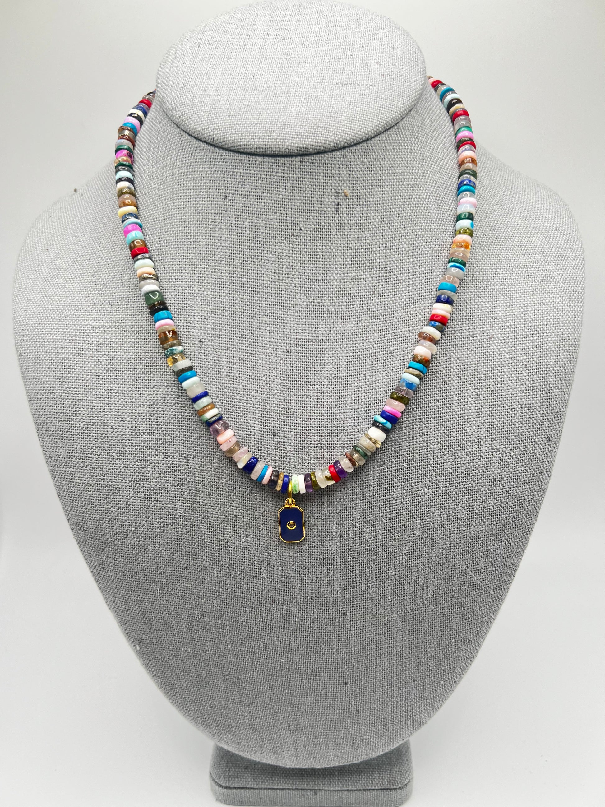 Heishi Beads with Enamel and Diamond Pendant