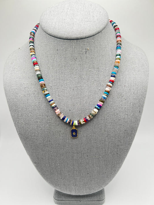 Heishi Beads with Enamel and Diamond Pendant