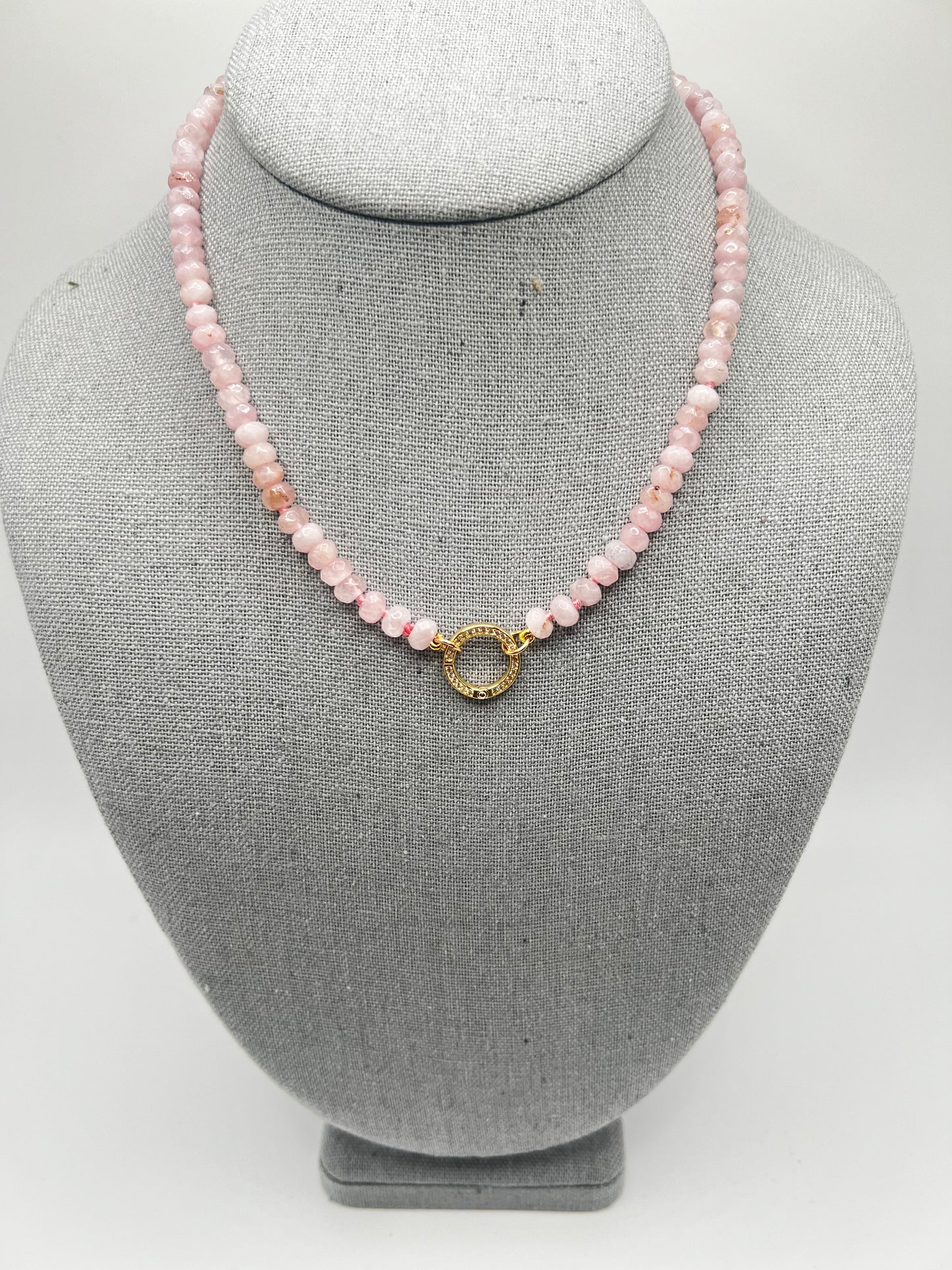 Rose Quartz Knotted Necklace with Pavé Circular Clasp
