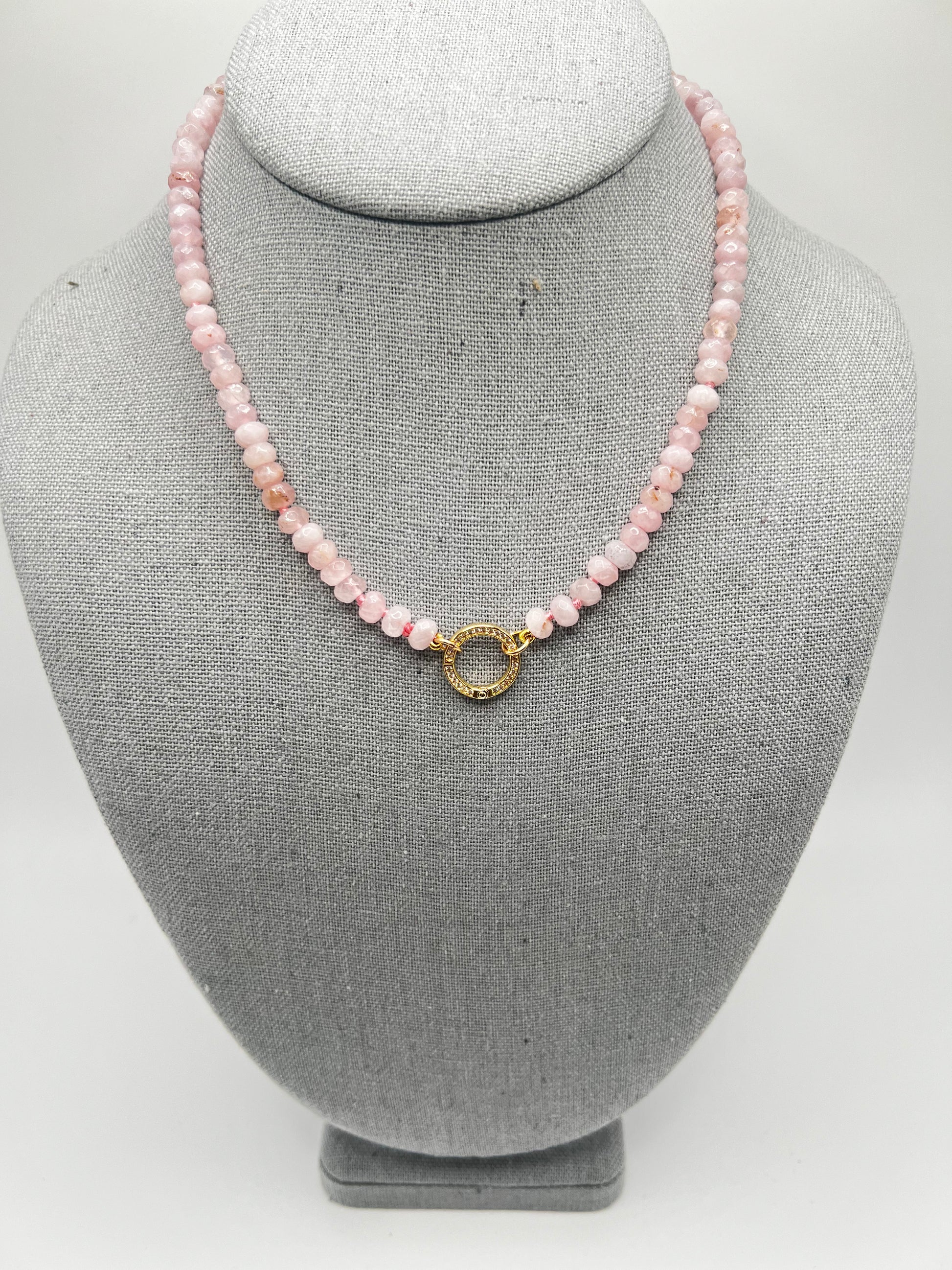 Rose Quartz Knotted Necklace with Pavé Circular Clasp
